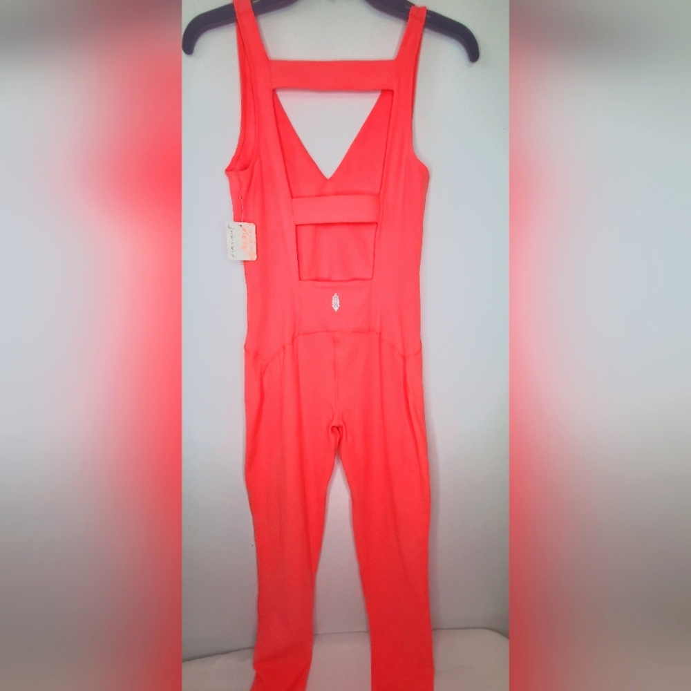 NWT FREE PEOPLE -size S-Strappy Back NeonCoral Sleeveless Sporty StretchJumpsuit